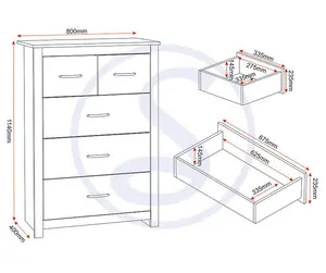 Portland 5 Drawer 3 and 2 Chest in Grey with Oak Effect Finish