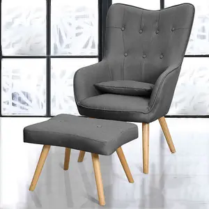 Dark Grey Linen Upholstered Wing Back Armchair Lounge Chair with Footstool and Lumbar Pillow