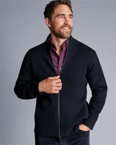 Chunky Zip Funnel Neck Wool Cardigan - Navy Size XXXL By Charles Tyrwhitt