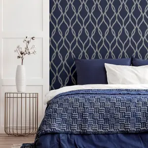 Arthouse Sequin Trellis Navy Silver Glitter Metallic Effect Wallpaper Modern Feature Wall Wallpaper - 921804