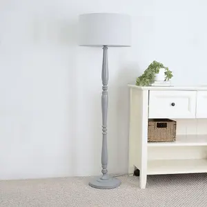 ValueLights Victoria Traditional Grey Wood Candlestick Floor Lamp with Grey Drum Shade