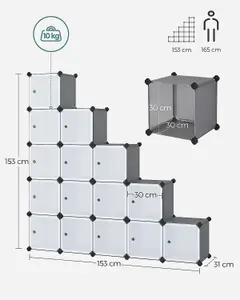 16-Cube DIY Storage Organiser Unit, Plastic Closet Cabinet, Wardrobe, with Doors, for Clothes Shoes Toys Books, Grey