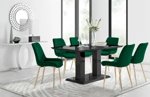 Imperia Black High Gloss 6 Seater Dining Table with Structural 2 Plinth Column Legs 6 Green Velvet Gold Leg Pesaro Chairs