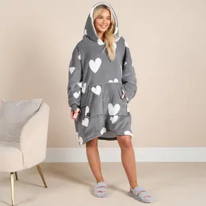 Heart Heated Hoodie Blanket Electric w/Power Bank Sherpa Fleece Throw, Charcoal