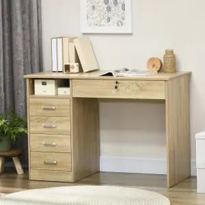 HOMCOM Computer Desk Writing Desk with Five Drawers for Home Office Oak