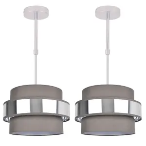 First Choice Lighting Pair of 2 Tier Grey Fabric & Brushed Silver Plated Banded Ceiling Adjustable Flush Shade