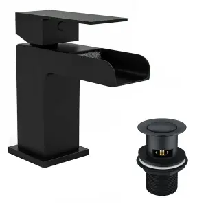 Matt Black Waterfall Bath Filler Tap & Basin Mixer Tap Square