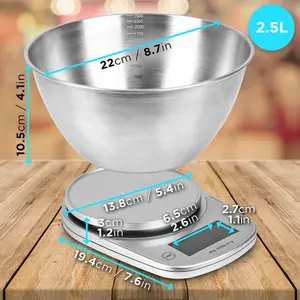 Duronic KS5000 SR/SS Digital Kitchen Scale with Bowl, 5kg, LCD Backlit Display, Tare Function, 1g Precision - Silver