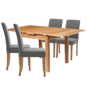 Hallowood Furniture Waverly Oak Small Extending Table with 4 Upholstered Grey Chair with Oak Legs