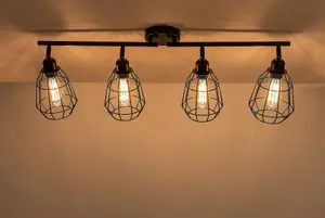 Caged Bar Ceiling Light, 4 Lights E27 Cap, Black Vintage Finish, LED Compatible