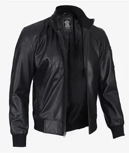 Mens Black Leather Bomber Jacket