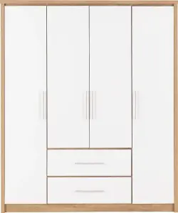 Seville 4 Door 2 Drawer Wardrobe White High Gloss and Light Oak Effect Veneer