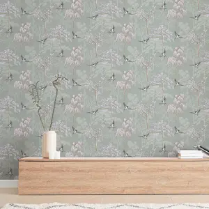 Japanese Oriental Garden Inspired Wallpaper Sage Green World of Wallpaper 946102