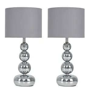 ValueLights Marissa Pair of Chrome Stacked Balls Table Lamps with Grey Faux Silk Shades