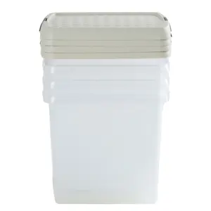 Wham Clip 4x 14L Square Plastic Storage Boxes with Secure Clip Lock Lids. L:29 x W:29 x H:26cm Clear/Stone/Slate Grey