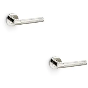 2 PACK - SOLID BRASS Knurled Door Handle Set - Polished Nickel Mitred Lever on Round Rose