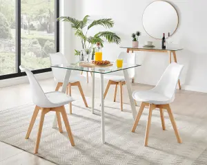 Furniturebox Seattle Scandi Inspired Glass and White Leg Square Dining Table & 4 White Cushioned Stockholm Beech Wood Leg Chairs