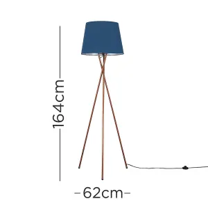 ValueLights Camden Modern Copper Metal Tripod Floor Lamp with Navy Blue Tapered Shade - Includes 6w LED Bulb 3000K Warm White