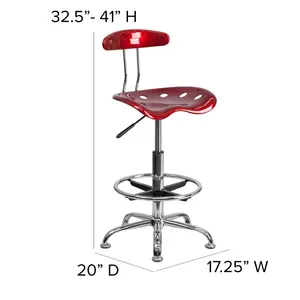 Vibrant Chrome Drafting Stool with Tractor Seat Wine Red