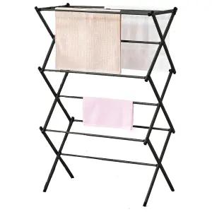 3 Tier Extendable Compact Clothes Airer With 7.5m Washing Line Drying Space Towel Rack - Black