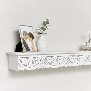 Melody Maison Large White Wooden Carved Boho Wall Shelf - 81cm