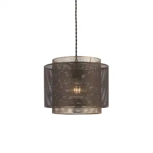 Luminosa Plexus 1 Light Cylindrical Pendant Matt Black Paint, Antique Brass Mesh , E27