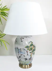 Grey Crane Ceramic Table Lamp with Plain Shade