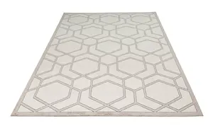 Ivory Light Grey Chequered Geometric Easy to Clean Modern Dining Room Bedroom and Living Room Rug-120cm X 180cm