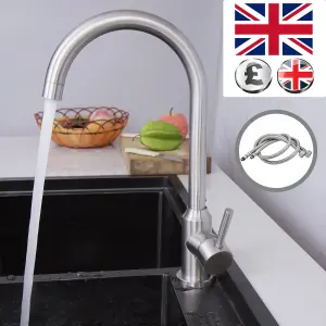 BATHWEST Kitchen Taps Mixer Single Lever Stainless Steel Swivel Swan-Neck Advanced Metallic Texture Modern Sink Taps