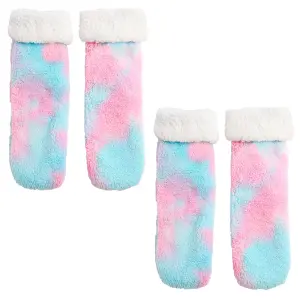 Teddy Fleece Womens Bed Socks Fluffy 2 Pairs Sherpa Non Slip Sole, Tie Dye