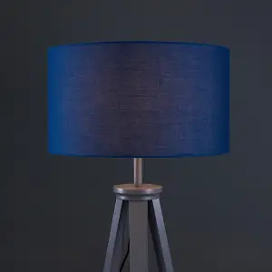 ValueLights Willow Large Modern Grey Wood and Metal Tripod Design Floor Lamp with Navy Blue Shade