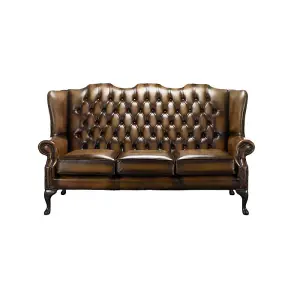 Chesterfield 3 Seater High Back Antique Tan Leather Sofa In Mallory Style