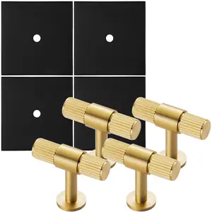 4 PACK - Cabinet Door Knob & Contrasting Backplate Set - Reeded T Bar Pull - Satin Brass & Matt Black