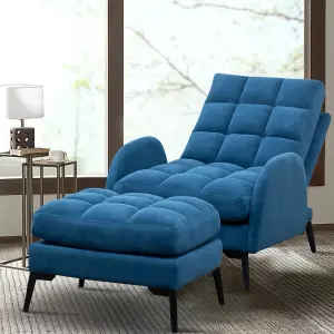 Blue Modern Frosted Velvet Armchair, Upholstered Reclining Chair Lounge Sofa Chair and Footstool Set