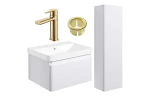 Aquarius Sophie 605MM Vanity Unit Matt White Tall Boy Set with Brushed Brass Brassware