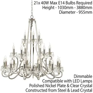 Esher Ceiling Pendant Chandelier Polished Nickel & Crystal Curved 21 Lamp Light