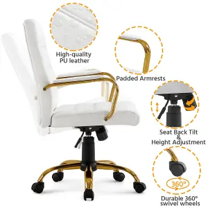 Yaheetech Height Adjustable PU Leather Office Chair with Gold Frame and Wheels - White