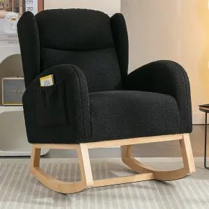 Modern Teddy Fabric Upholstered Rocking Chair Wingback Padded Seat For Living Room Bedroom, Black 