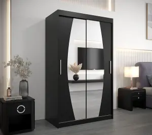 Elypse Contemporary 2 Mirrored Sliding Door Wardrobe 5 Shelves 2 Rails Black (H)2000mm (W)1200mm (D)620mm