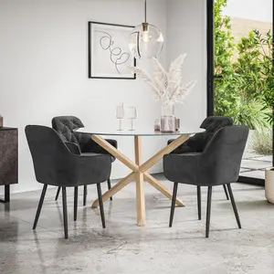 Malvern Round Dining Table And Chairs -  Clear Glass Table Top w Solid Oak Legs + Anika Velvet Dining Chair Set Of 4 (Black)