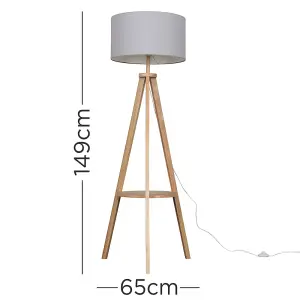 ValueLights Morrigan Light Wood Tripod Design Floor Lamp with Storage Shelf and Grey Drum Shade