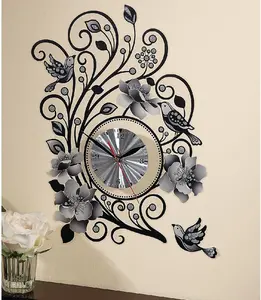 Battery Operated Wall Sticker Clock - Silver Swirling Floral Design Home Decoration - Measures H40.5 x W29cm