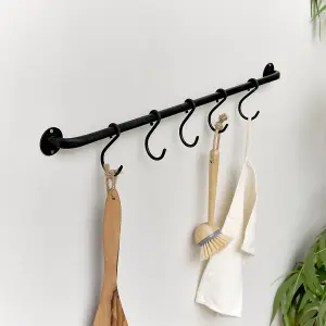 Melody Maison Black Industrial Wall Mounted Rail with 5 Storage Hooks