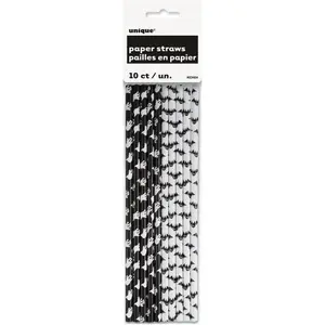 Paper Bat And Ghost Disposable Straws (Pack of 10) Black/White (One Size)