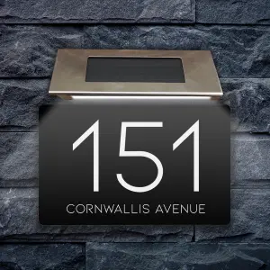 Personalised Aluminium House Plaque with Solar Light Customised with Your House Number and Street Name 160 x 280mm Black