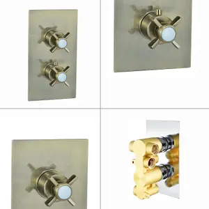 ENKI Edwardian Antique Brass Crosshead 2-Outlet Solid Brass Thermostatic Twin Shower Valve TSV065