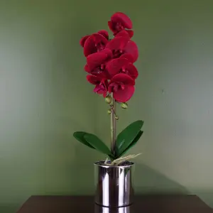 46cm Artificial Orchid Red with Silver Pot