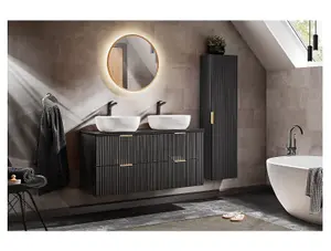 Double Sink Bathroom Vanity Unit with Basin 120cm Countertop Ribbed Textured Black Wall Hung Cabinet Adel