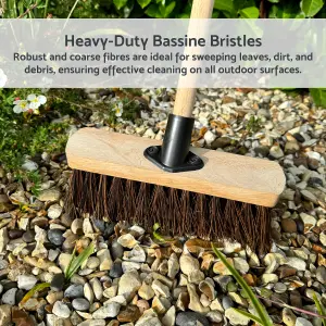 10-Inch Bassine Broom - Heavy-Duty Outdoor Sweeper with Wooden Handle - Perfect for Small Patios, Decks, and Gardens - Durable