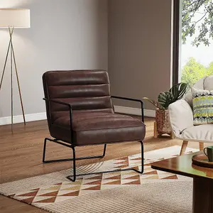 Vintage-Style Chair PU Leather Armchairs with Black Metal Frame for  Living Room in Brown